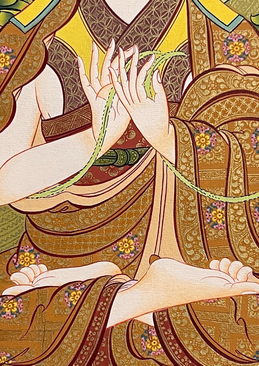 Tsongkhapa thangka, 38×53 cm: Tsongkhapa in his yellow hat holding lotuses with a sword and book, among peonies