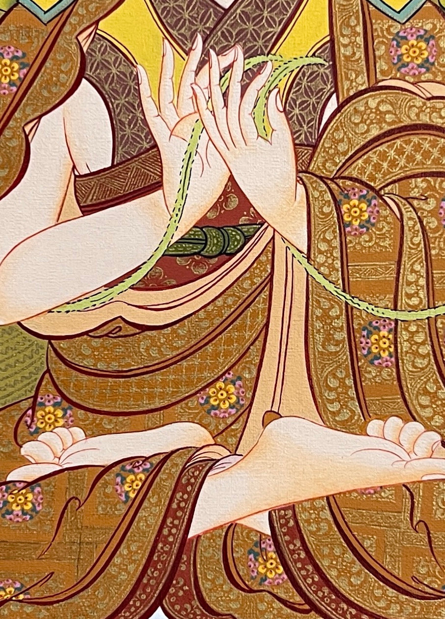 Tsongkhapa thangka, 38×53 cm: Tsongkhapa in his yellow hat holding lotuses with a sword and book, among peonies