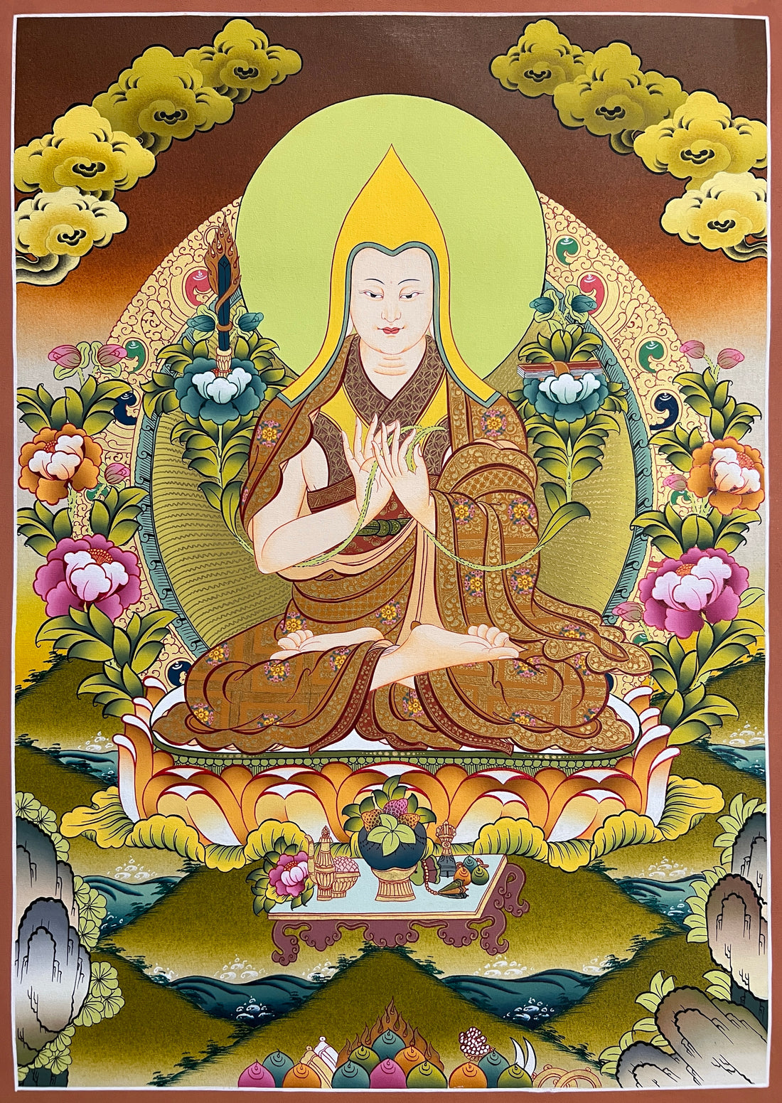 Tsongkhapa thangka, 38×53 cm: Tsongkhapa in his yellow hat holding lotuses with a sword and book, among peonies