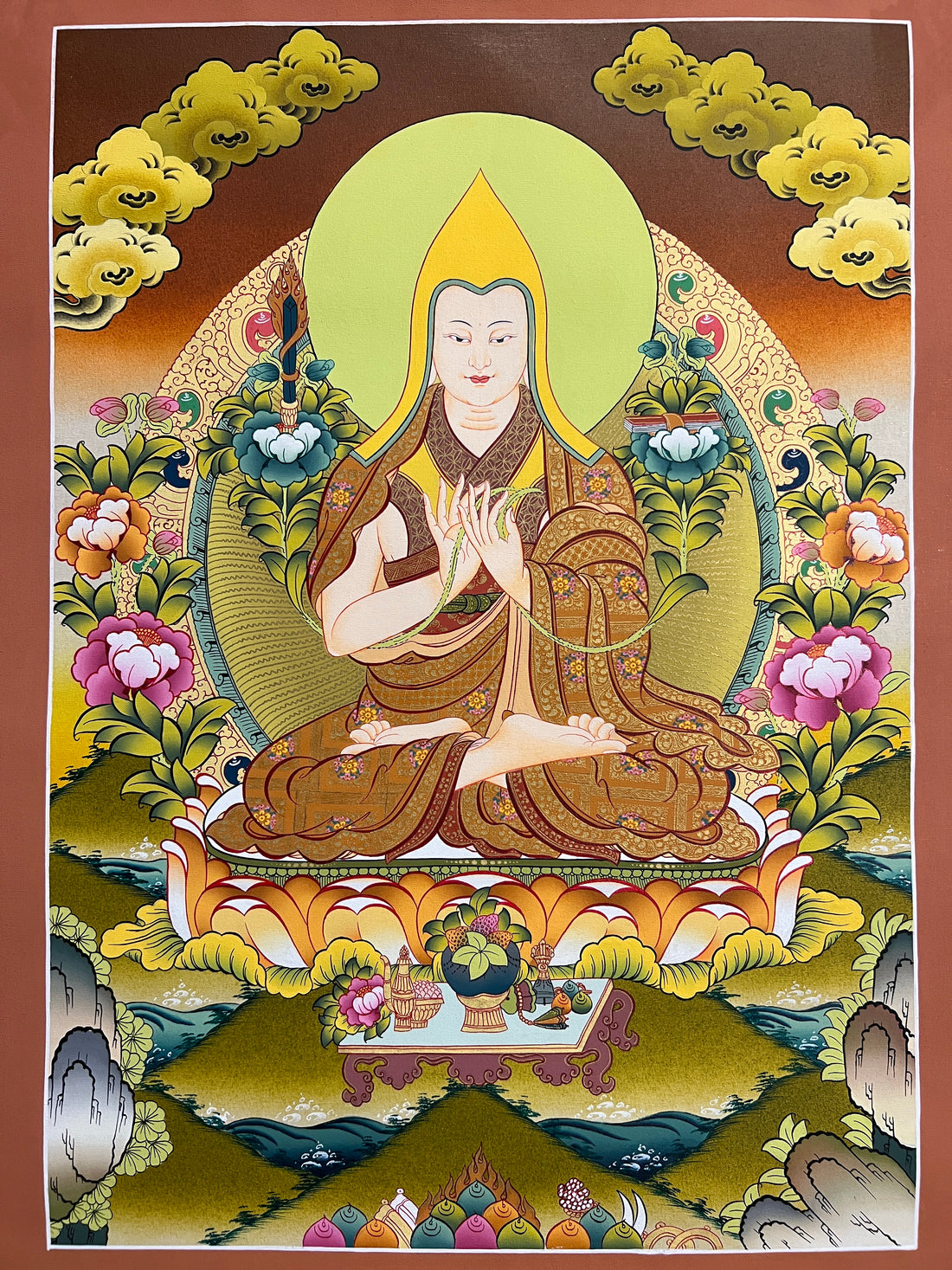 Tsongkhapa thangka, 38×53 cm: Tsongkhapa in his yellow hat holding lotuses with a sword and book, among peonies