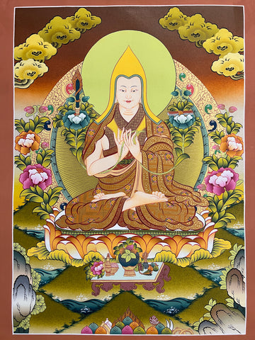 Tsongkhapa thangka, 38×53 cm: Tsongkhapa in his yellow hat holding lotuses with a sword and book, among peonies