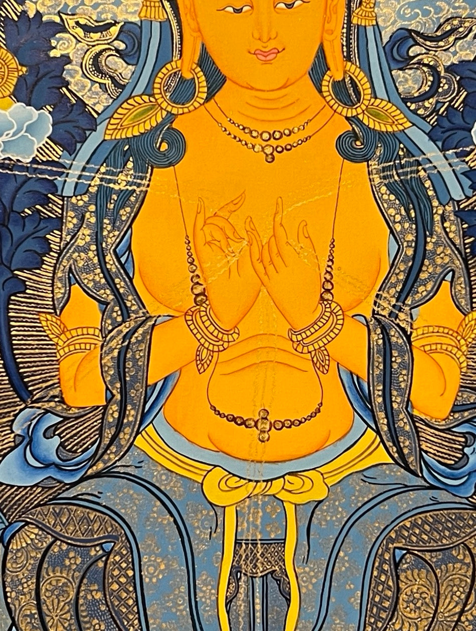 Maitreya Buddha thangka, 58×76 cm: Maitreya seated on a throne in gold-coloured line work on deep blue, with five Buddhas and two bodhisattvas