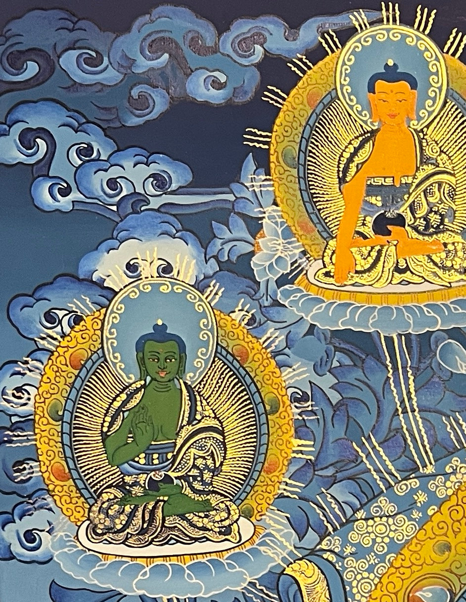 Maitreya Buddha thangka, detail: top-left corner
