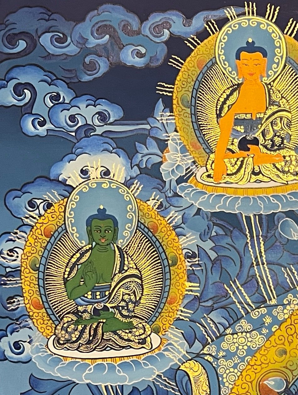 Maitreya Buddha thangka, detail: top-left corner