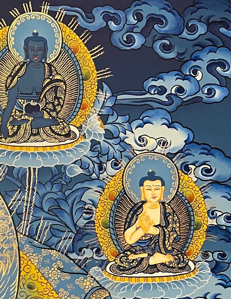 Maitreya Buddha thangka, detail: top-right corner