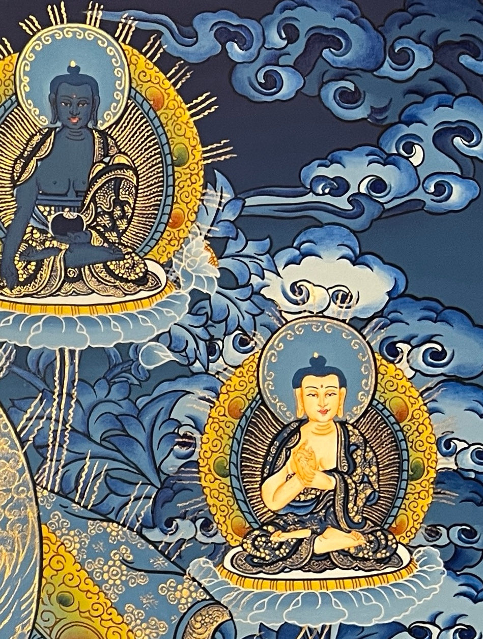 Maitreya Buddha thangka, detail: top-right corner