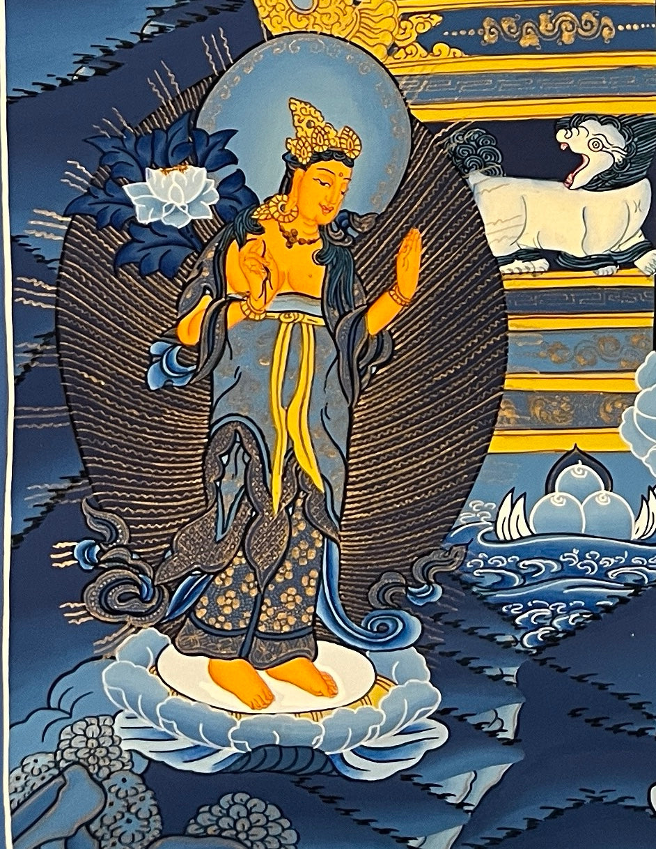 Maitreya Buddha thangka, detail: bottom-left corner