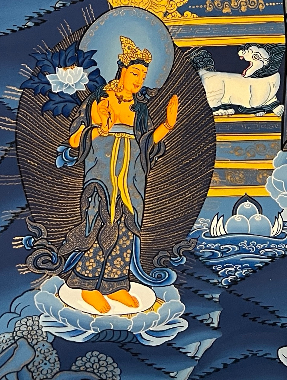 Maitreya Buddha thangka, detail: bottom-left corner