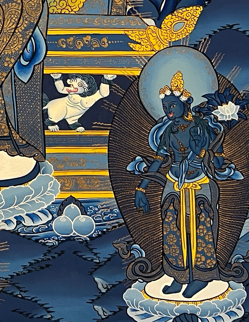 Maitreya Buddha thangka, detail: bottom-right corner