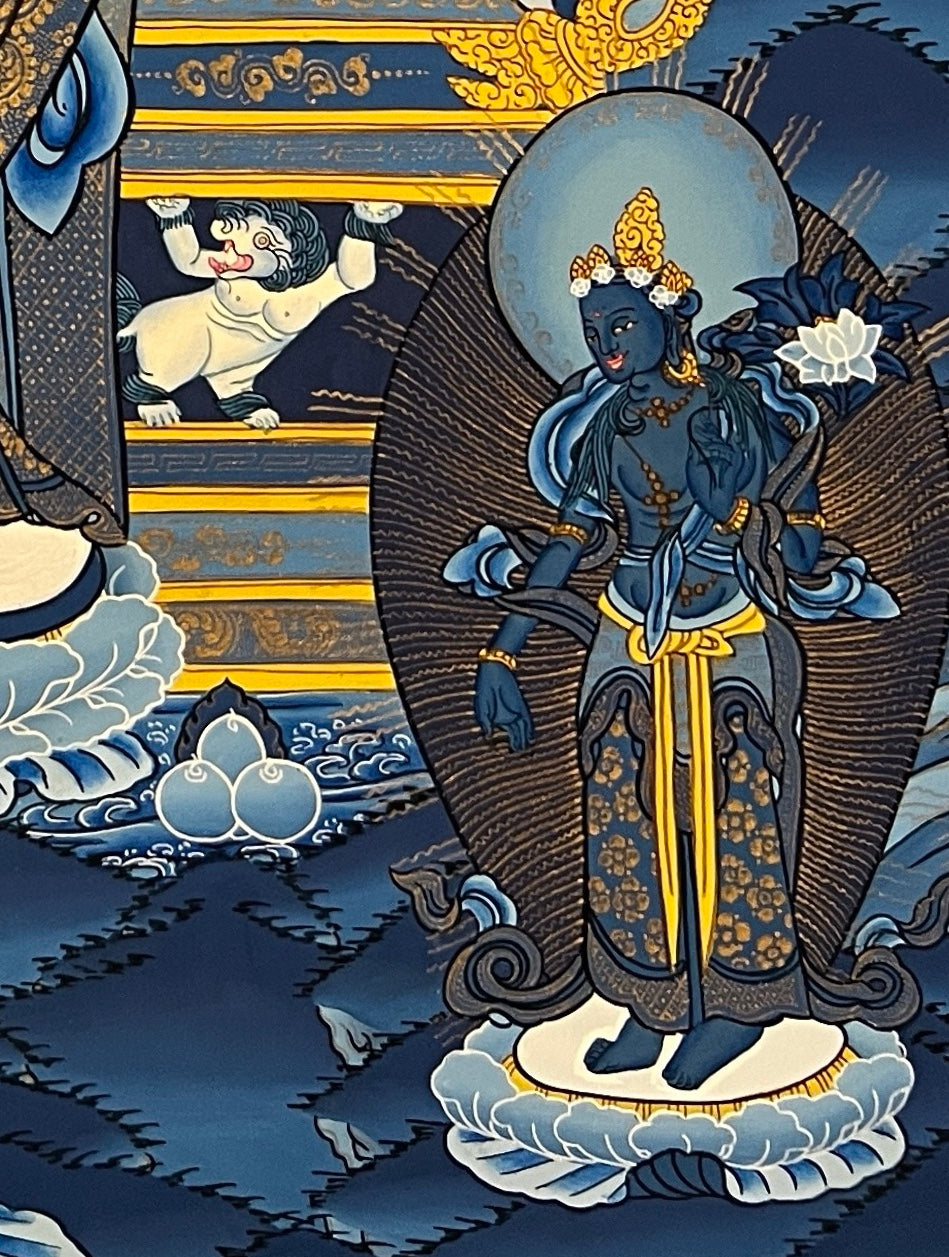 Maitreya Buddha thangka, detail: bottom-right corner