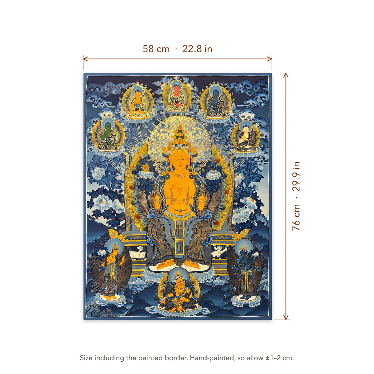 Size diagram: 58 × 76 cm (22.8 × 29.9 in), including the painted border