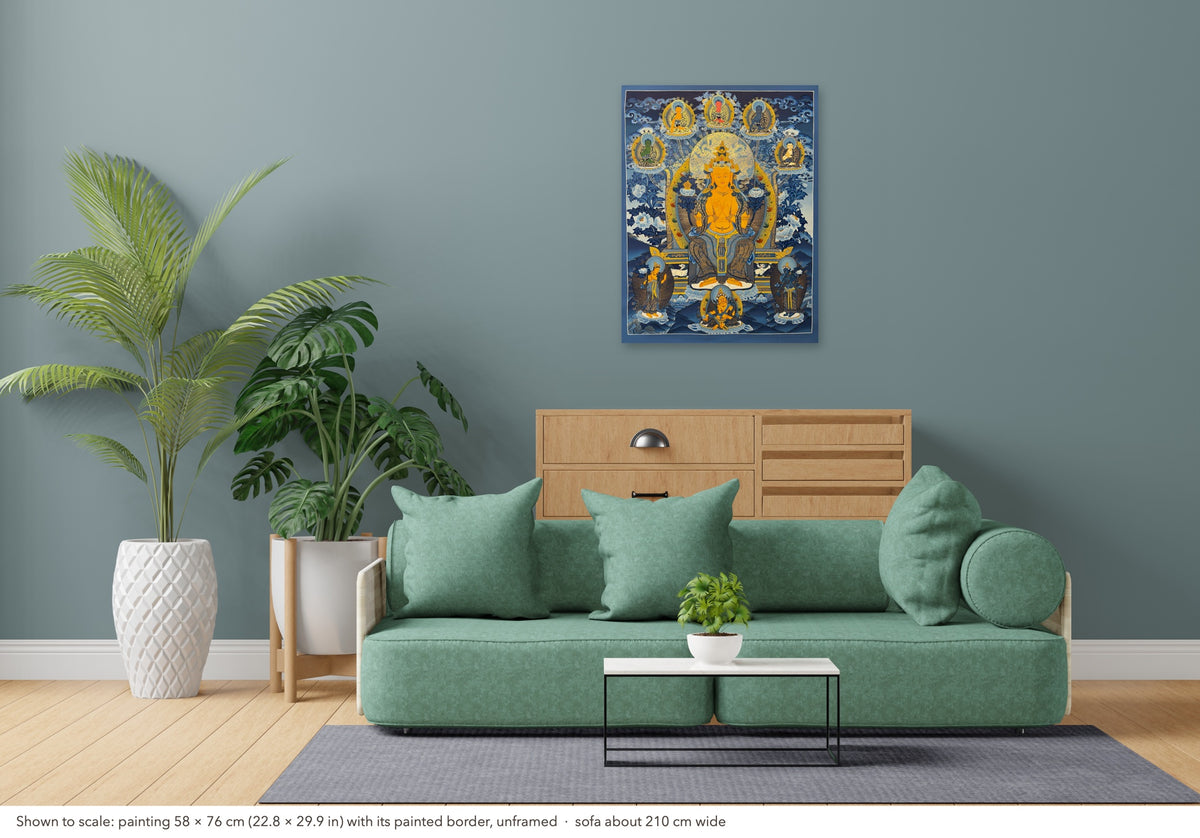 Maitreya Buddha thangka shown to scale in a living room, unframed, above a sofa about 210 cm wide (58×76 cm)