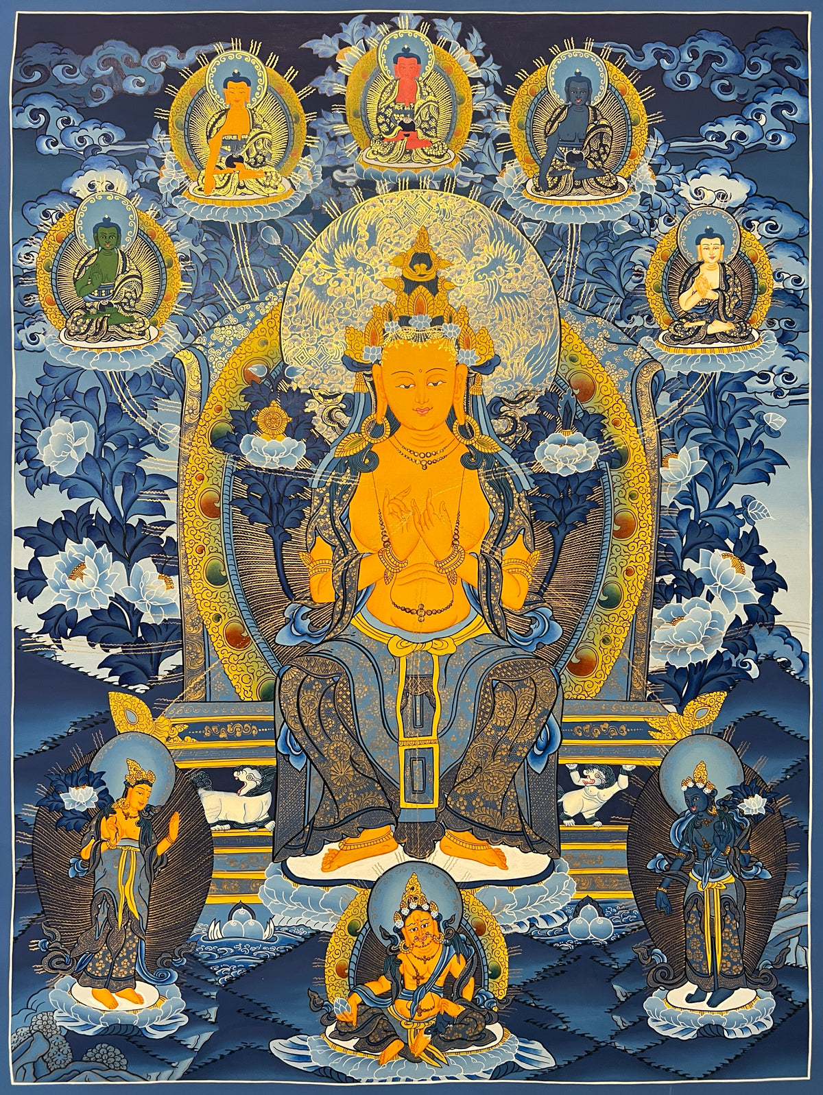 Maitreya Buddha thangka, 58×76 cm: Maitreya seated on a throne in gold-coloured line work on deep blue, with five Buddhas and two bodhisattvas
