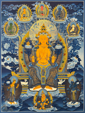 Maitreya Buddha thangka, 58×76 cm: Maitreya seated on a throne in gold-coloured line work on deep blue, with five Buddhas and two bodhisattvas