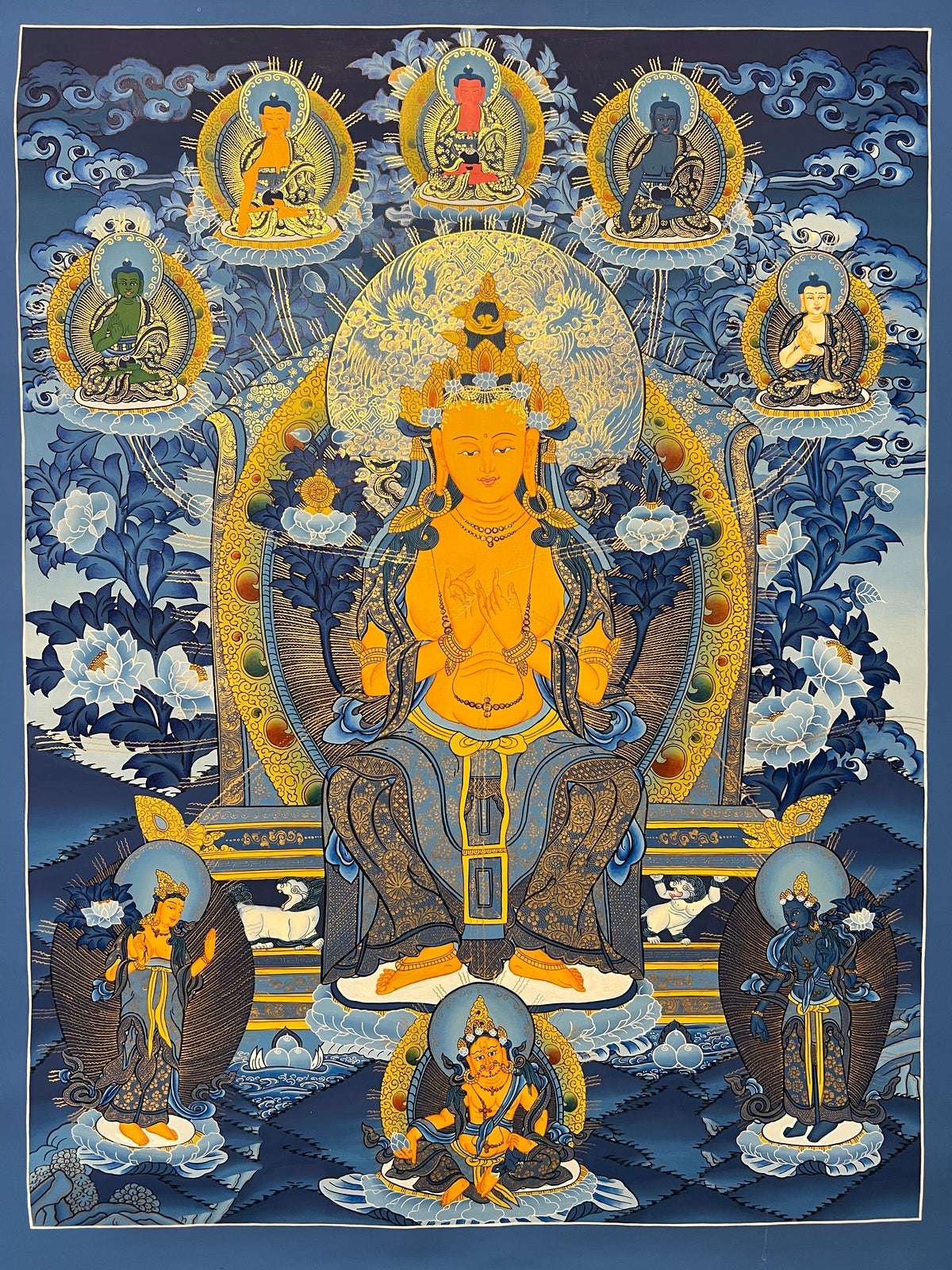 Maitreya Buddha thangka, 58×76 cm: Maitreya seated on a throne in gold-coloured line work on deep blue, with five Buddhas and two bodhisattvas