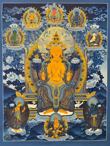 Maitreya Buddha thangka, 58×76 cm: Maitreya seated on a throne in gold-coloured line work on deep blue, with five Buddhas and two bodhisattvas