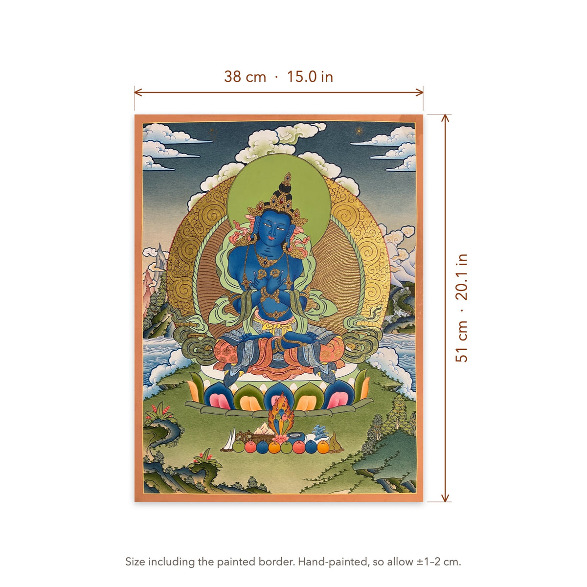 Size diagram: 38 × 51 cm (15.0 × 20.1 in), including the painted border