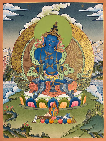 Vajradhara thangka, 38×51 cm: blue Vajradhara with crossed vajra and bell in a calm, open landscape