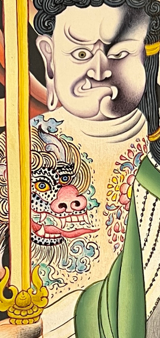 Acala thangka, 37×51 cm: Acala seated on a rock with a sword and rope before pale flames, in the Japanese style
