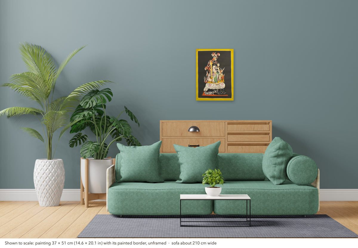 Acala thangka shown to scale in a living room, unframed, above a sofa about 210 cm wide (37×51 cm)