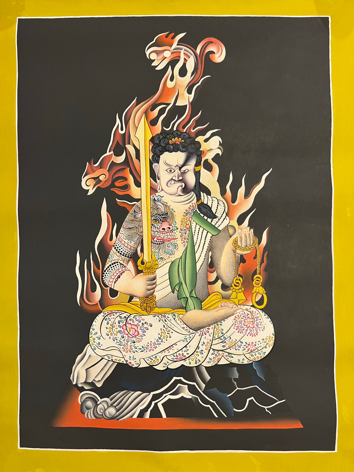 Acala thangka, 37×51 cm: Acala seated on a rock with a sword and rope before pale flames, in the Japanese style