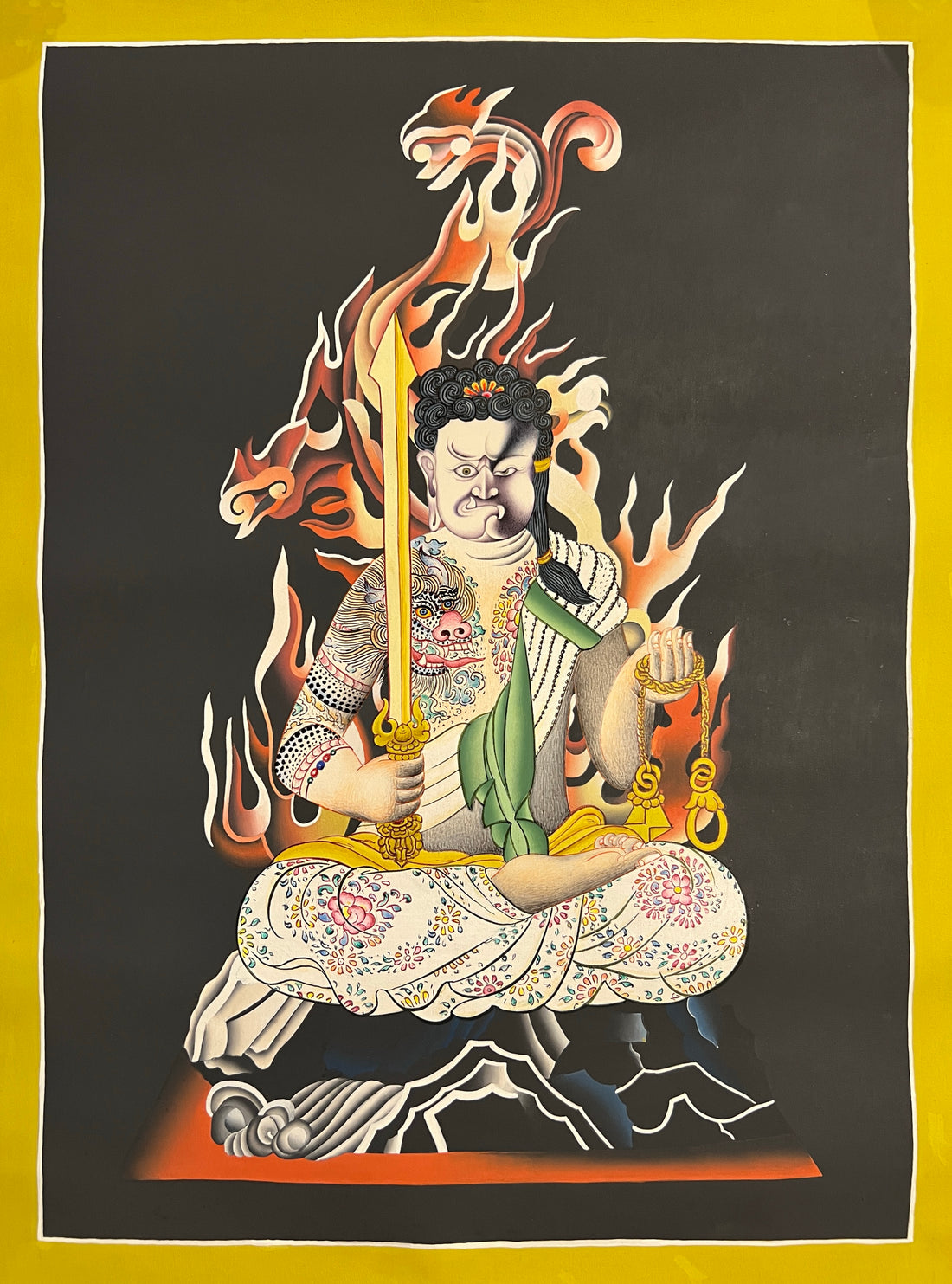 Acala thangka, 37×51 cm: Acala seated on a rock with a sword and rope before pale flames, in the Japanese style