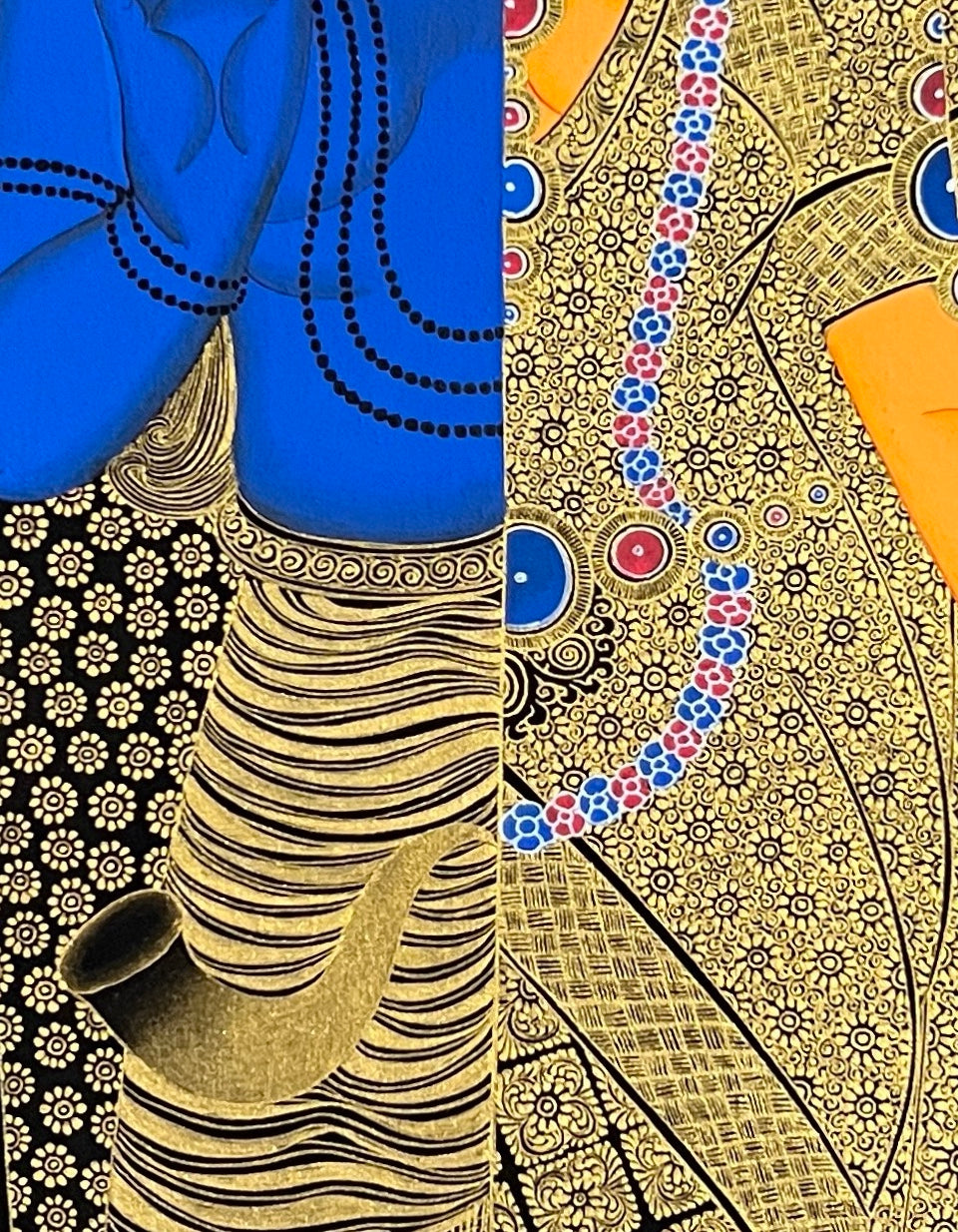 Ardhanarishvara (Shiva & Parvati) thangka, 45×60 cm: Shiva and Parvati as one figure, with the bull and the lion