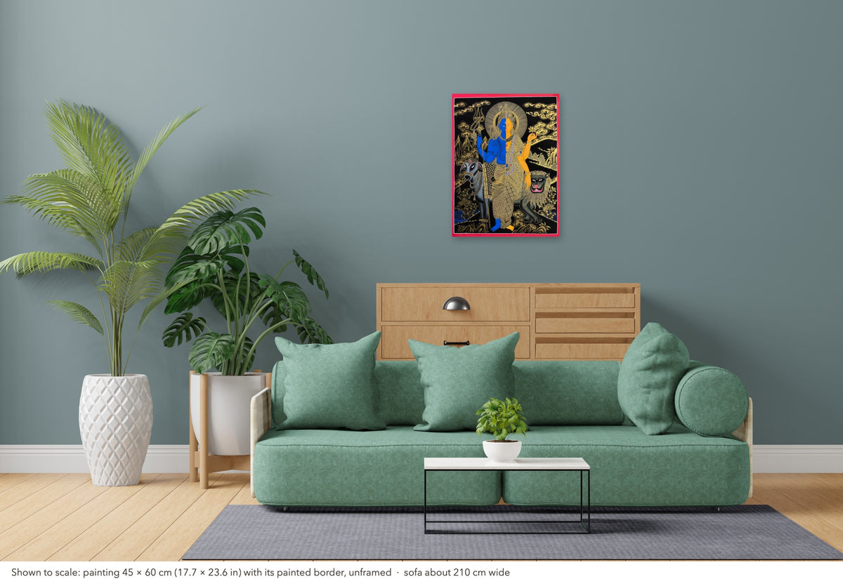 Shiva & Parvati thangka shown to scale in a living room, unframed, above a sofa about 210 cm wide (45×60 cm)