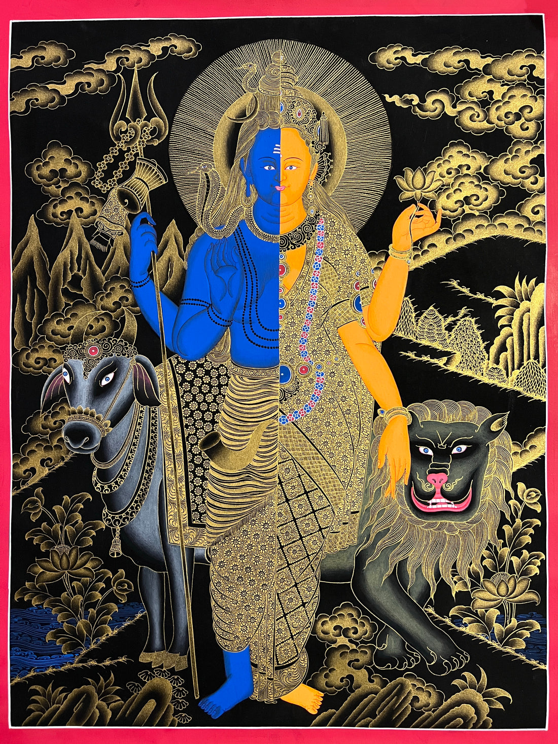 Ardhanarishvara (Shiva & Parvati) thangka, 45×60 cm: Shiva and Parvati as one figure, with the bull and the lion