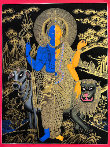 Ardhanarishvara (Shiva & Parvati) thangka, 45×60 cm: Shiva and Parvati as one figure, with the bull and the lion