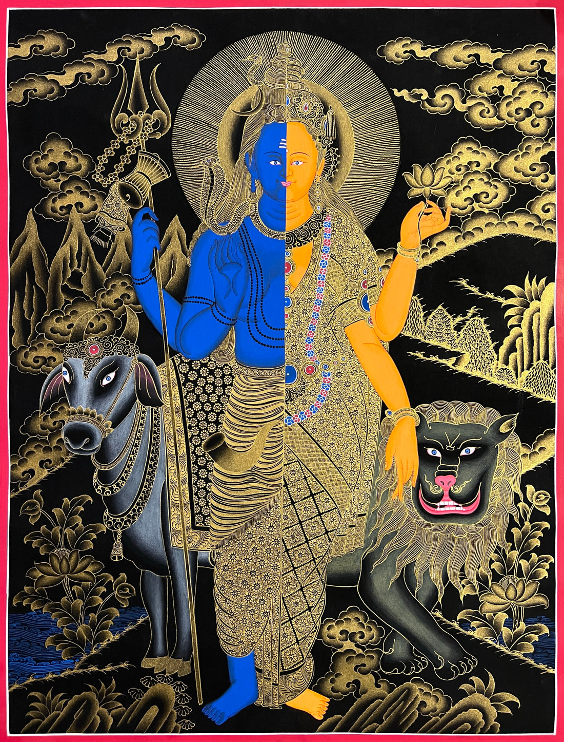 Ardhanarishvara (Shiva & Parvati) thangka, 45×60 cm: Shiva and Parvati as one figure, with the bull and the lion