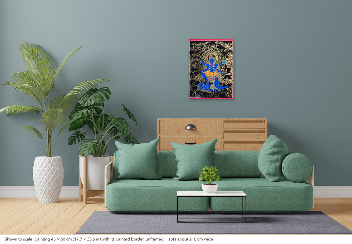 Kali thangka shown to scale in a living room, unframed, above a sofa about 210 cm wide (45×60 cm)