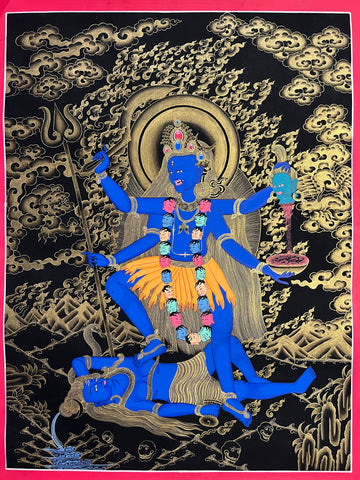 Kali thangka, 45×60 cm: blue four-armed Kali standing on Shiva, in gold-coloured line work on black
