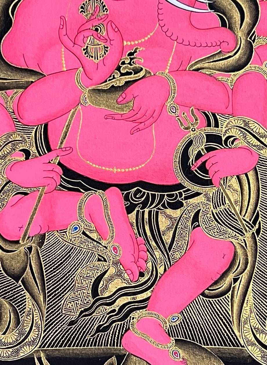Red Ganesh (Ganapati) thangka, 45×60 cm: red twelve-armed Ganapati dancing on a rat before gold-coloured flames on black