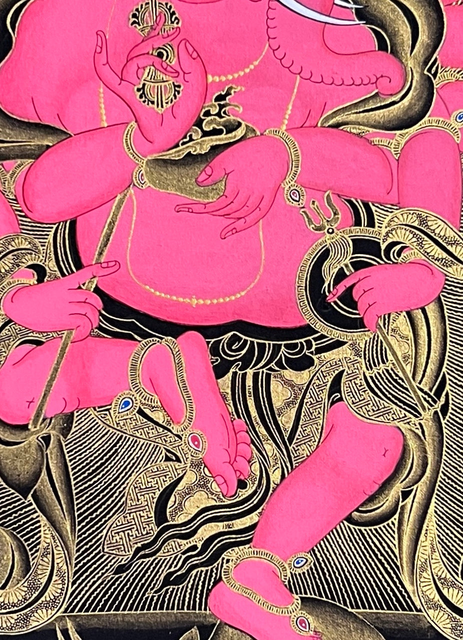 Red Ganesh (Ganapati) thangka, 45×60 cm: red twelve-armed Ganapati dancing on a rat before gold-coloured flames on black