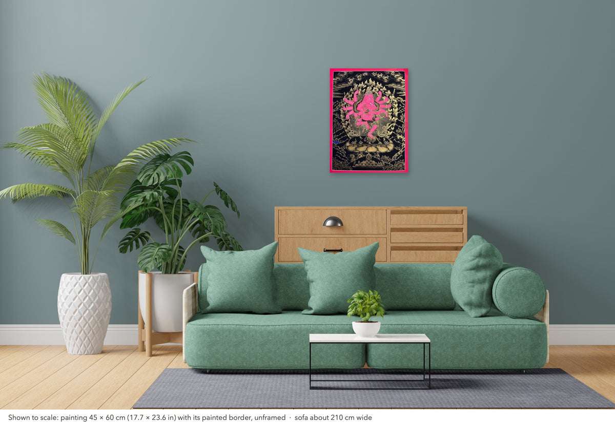 Ganesh thangka shown to scale in a living room, unframed, above a sofa about 210 cm wide (45×60 cm)