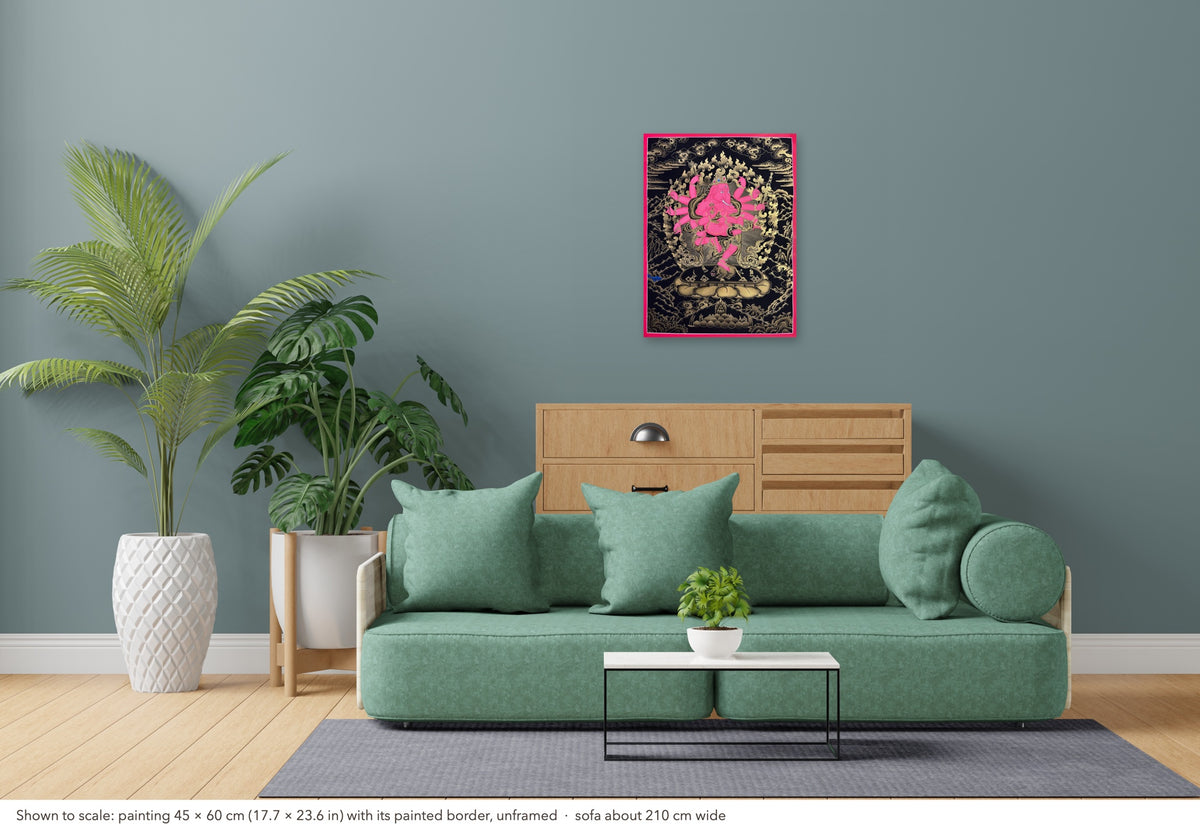 Ganesh thangka shown to scale in a living room, unframed, above a sofa about 210 cm wide (45×60 cm)