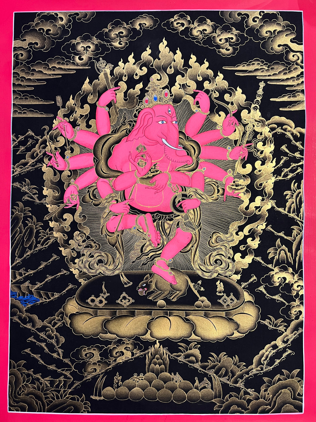 Red Ganesh (Ganapati) thangka, 45×60 cm: red twelve-armed Ganapati dancing on a rat before gold-coloured flames on black