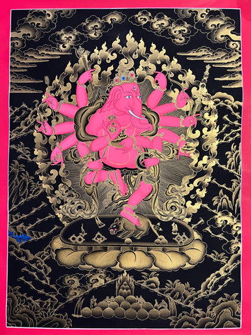 Red Ganesh (Ganapati) thangka, 45×60 cm: red twelve-armed Ganapati dancing on a rat before gold-coloured flames on black