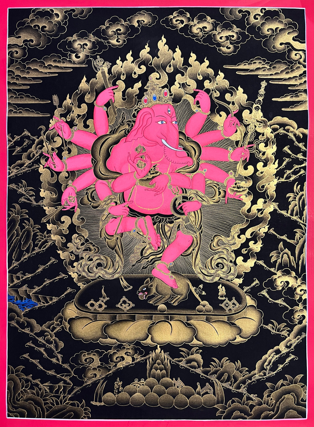 Red Ganesh (Ganapati) thangka, 45×60 cm: red twelve-armed Ganapati dancing on a rat before gold-coloured flames on black