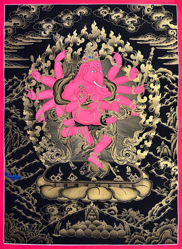 Red Ganesh (Ganapati) thangka, 45×60 cm: red twelve-armed Ganapati dancing on a rat before gold-coloured flames on black