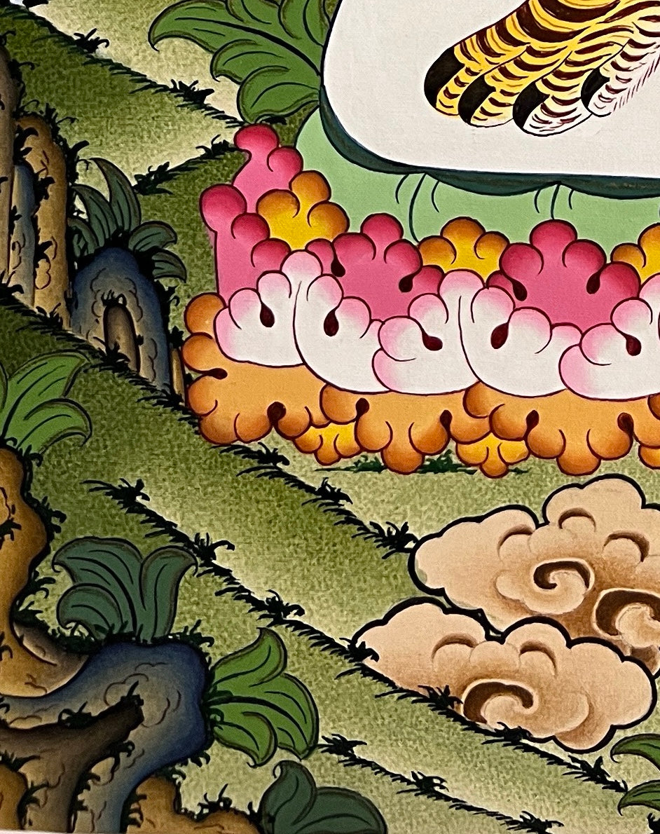 Durga thangka, detail: bottom-left corner
