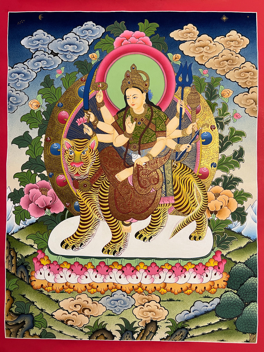 Durga thangka, 46×60 cm: eight-armed Durga riding a tiger, with peonies, clouds and green hills