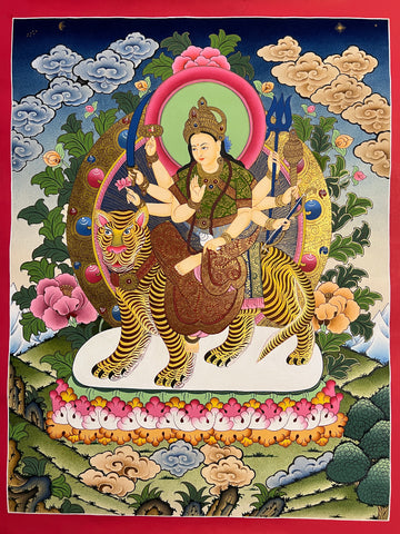 Durga thangka, 46×60 cm: eight-armed Durga riding a tiger, with peonies, clouds and green hills