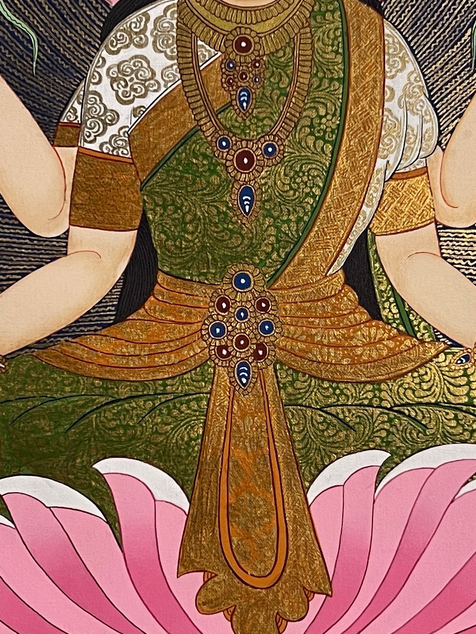 Laxmi thangka, 45×60 cm: four-armed Laxmi on a pink lotus with gold-coloured coins falling from her hands