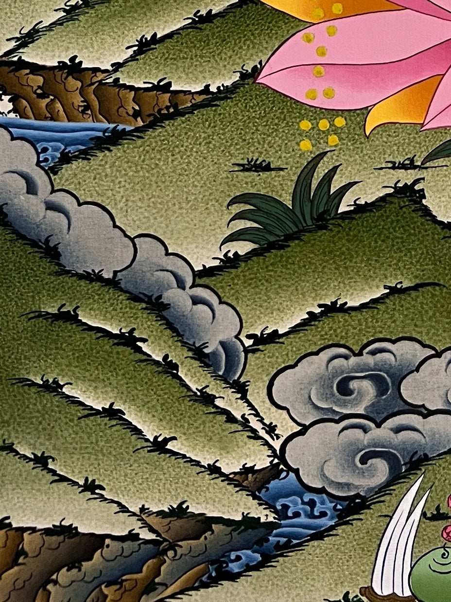 Laxmi thangka, detail: bottom-left corner