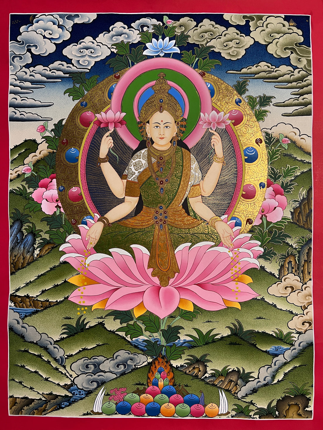 Laxmi thangka, 45×60 cm: four-armed Laxmi on a pink lotus with gold-coloured coins falling from her hands