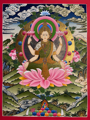 Laxmi thangka, 45×60 cm: four-armed Laxmi on a pink lotus with gold-coloured coins falling from her hands