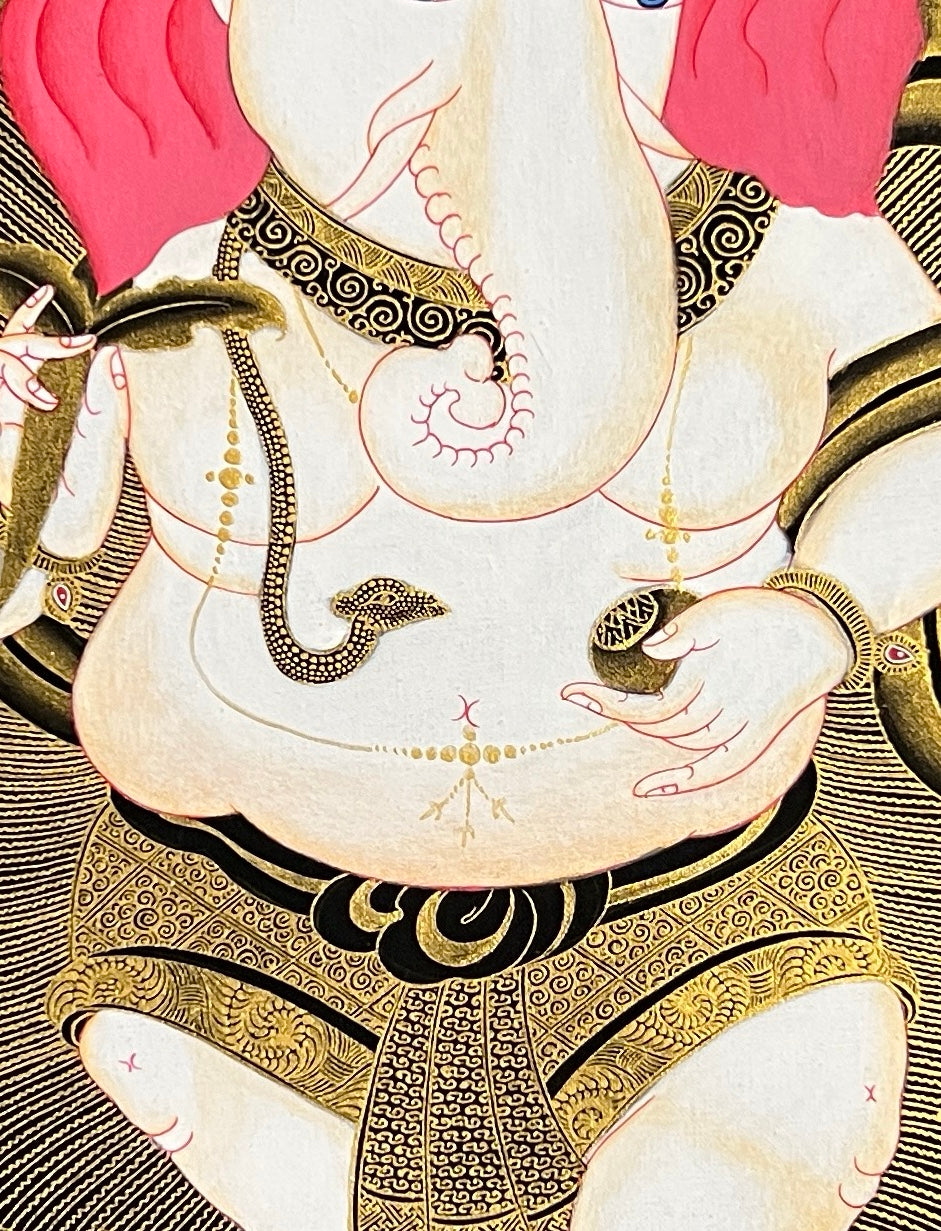 Ganesh thangka, 45×60 cm: white four-armed Ganesh dancing on a lotus in gold-coloured line work on black