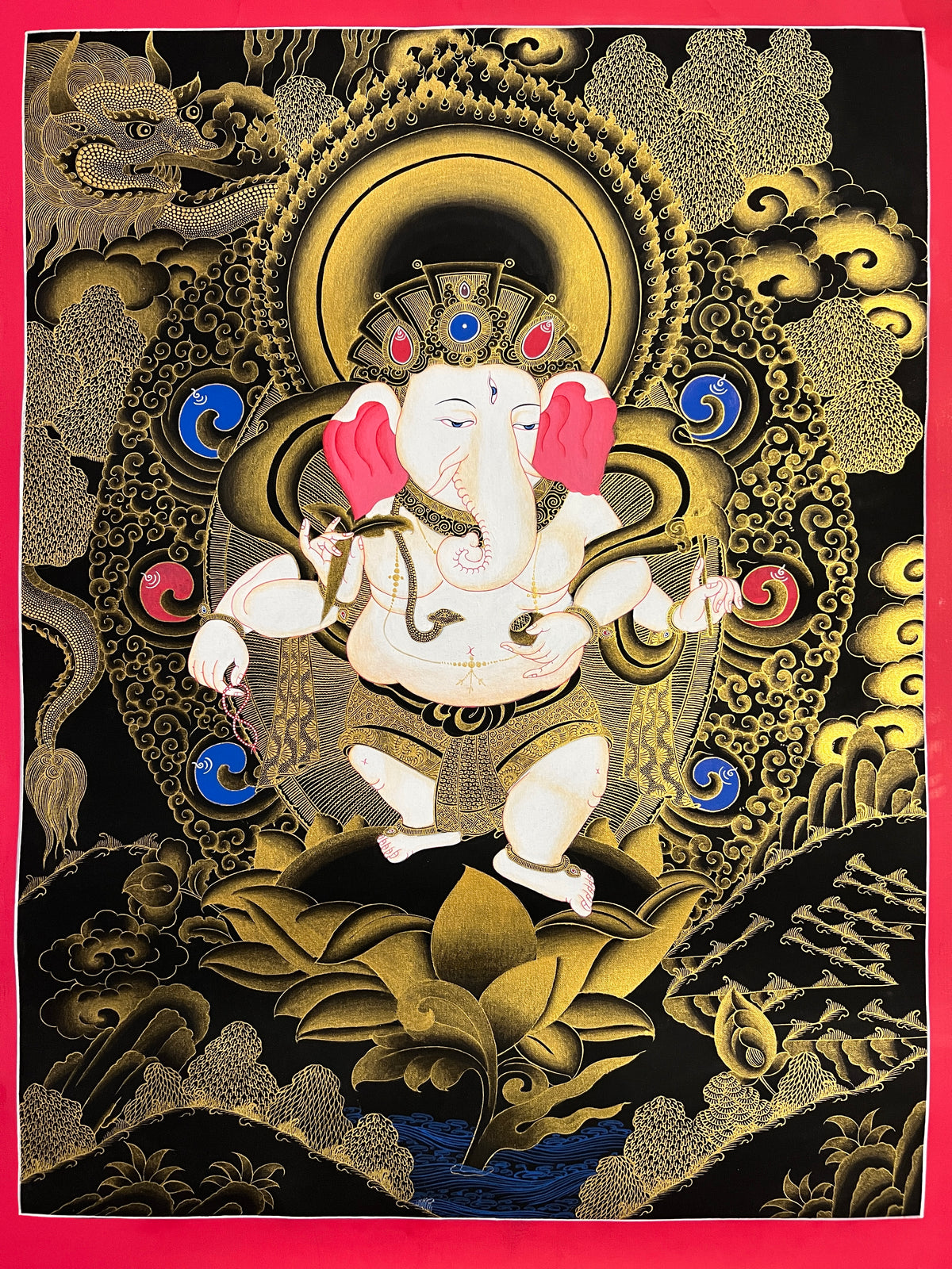 Ganesh thangka, 45×60 cm: white four-armed Ganesh dancing on a lotus in gold-coloured line work on black